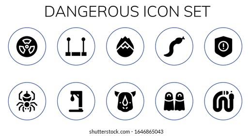 Modern Simple Set of dangerous Vector filled Icons. Contains such as Radioactive, Spider, Trapeze, Gallow, Forest fire, Rhino and more Fully Editable and Pixel Perfect icons.