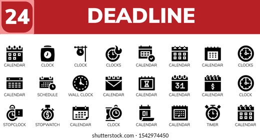 Modern Simple Set of deadline Vector filled Icons. Contains such as Calendar, Clock, Clocks, Schedule, Wall clock, Stopclock, Stopwatch and more Fully Editable and Pixel Perfect icons.