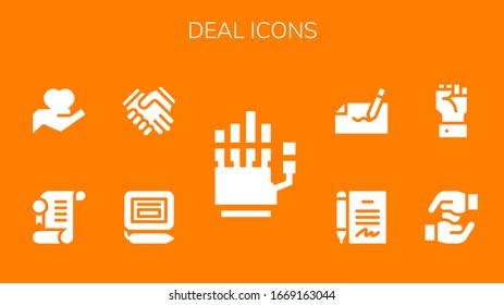 Modern Simple Set of deal Vector filled Icons. Contains such as Hand, Signature, Shake hands, Agreement, Hands, Contract, Autograph and more Fully Editable and Pixel Perfect icons.