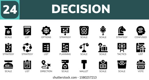 Modern Simple Set of decision Vector filled Icons. Contains such as Scale, List, Options, Strategy, Confused, Planning, Tactics and more Fully Editable and Pixel Perfect icons.