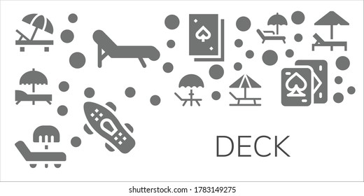 Modern Simple Set of deck Vector filled Icons. Contains such as Sunbed, Deck chair, Deck, Skateboard, Playing cards and more Fully Editable and Pixel Perfect icons.