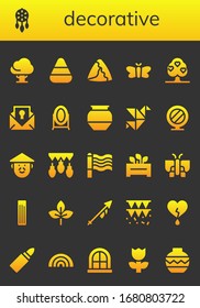 Modern Simple Set of decorative Vector filled Icons. Contains such as Tree, Ornament, Candy corn, Samosa, Moth, Certificate, Mirror and more Fully Editable and Pixel Perfect icons.