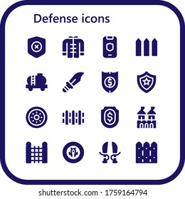 Modern Simple Set of defense Vector filled Icons. Contains such as Shield, Wushu, Fence, Tank, Dagger, Fortress, Sword and more Fully Editable and Pixel Perfect icons.