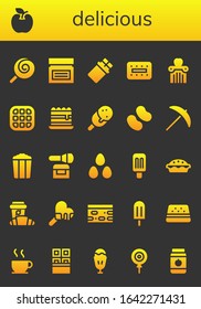 Modern Simple Set of delicious Vector filled Icons. Contains such as Lollipop, Apple, Cream, Chocolate, Biscuit, Waffle, Tiramisu and more Fully Editable and Pixel Perfect icons.