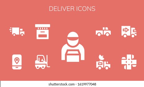Modern Simple Set of deliver Vector filled Icons. Contains such as Delivery man, Forklift, Box, Mobile, Delivery truck, Van, Truck and more Fully Editable and Pixel Perfect icons.