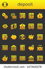 Modern Simple Set of deposit Vector filled Icons. Contains such as Exchange, Transfer, Economy, Strongbox, Passbook, Piggy bank and more Fully Editable and Pixel Perfect icons.