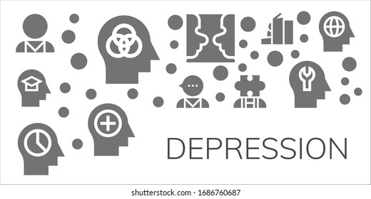 Modern Simple Set of depression Vector filled Icons. Contains such as Psychologist, Mind, Autism, Psychology, Homeless and more Fully Editable and Pixel Perfect icons.