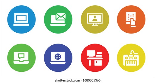 Modern Simple Set of desktop Vector filled Icons. Contains such as Laptop, Monitor, Desk, Tablet, Keyboard and more Fully Editable and Pixel Perfect icons.