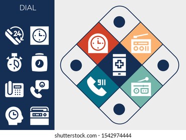 Modern Simple Set of dial Vector filled Icons. Contains such as Phone, Time, Radio, Telephone, Phone call, Clock, Call and more Fully Editable and Pixel Perfect icons.