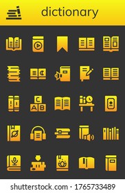 Modern Simple Set of dictionary Vector filled Icons. Contains such as Book, Bookshelf, Audio book, Bookmark, Magazine, Books, Library and more Fully Editable and Pixel Perfect icons.