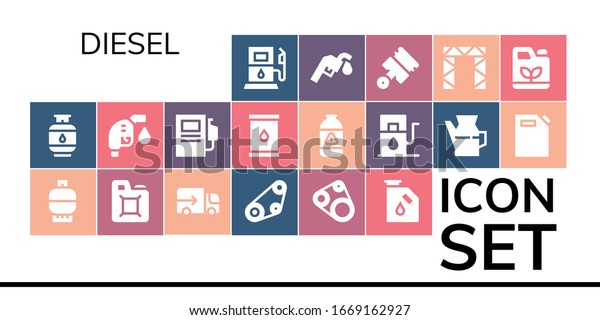 Modern\
Simple Set of diesel Vector filled Icons. Contains such as Gas\
station, Gas, Fuel, Lorry, Timing belt, Gas fuel, Fuel station and\
more Fully Editable and Pixel Perfect\
icons.