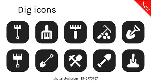 Modern Simple Set of dig Vector filled Icons. Contains such as Rake, Shovel, Mine and more Fully Editable and Pixel Perfect icons.
