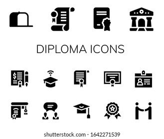 Modern Simple Set of diploma Vector filled Icons. Contains such as Cap, Agreement, Diploma, Courthouse, Education, University and more Fully Editable and Pixel Perfect icons.