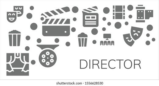 Modern Simple Set of director Vector filled Icons. Contains such as Theatre, Clapperboard, Popcorn, Scene, Cinema, Reel, Movie and more Fully Editable and Pixel Perfect icons.