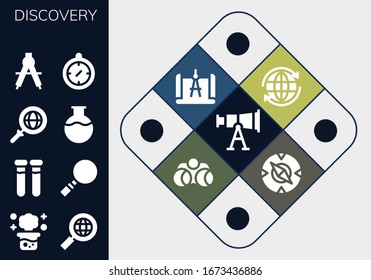 Modern Simple Set of discovery Vector filled Icons. Contains such as Telescope, Chemical reaction, Search, Test tubes, Magnifying glass and more Fully Editable and Pixel Perfect icons.