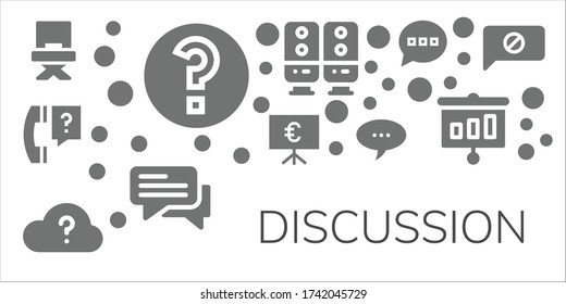 Modern Simple Set of discussion Vector filled Icons. Contains such as Director, Question, Presentation, Chat, Speaker, Comment and more Fully Editable and Pixel Perfect icons.