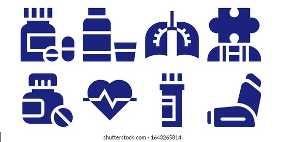 Modern Simple Set of disease Vector filled Icons. Contains such as Pills, Cardiogram, Syrup, Medicine, Lungs, Inhaler, Autism and more Fully Editable and Pixel Perfect icons.