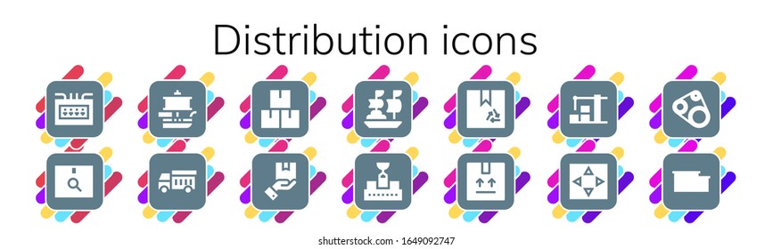 Modern Simple Set of distribution Vector filled Icons. Contains such as Fuse box, Package, Ship, Garbage truck, Conveyor, Box and more Fully Editable and Pixel Perfect icons.