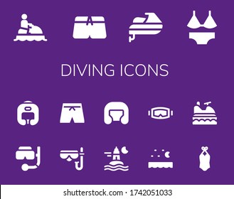 Modern Simple Set of diving Vector filled Icons. Contains such as Jet ski, Swimsuit, Snorkel, Boxing helmet, Diving mask, Ocean and more Fully Editable and Pixel Perfect icons.
