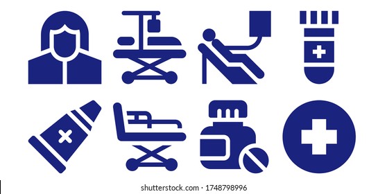 Moderno y simple conjunto de íconos rellenos de vectores médicos. Contiene como ungüento, Farmacéutico, Stretcher, Hospitalización, Píldoras, donación de sangre y más íconos totalmente editables y Pixel Perfecto.