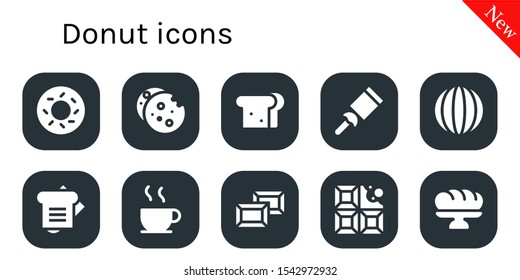 Modern Simple Set of donut Vector filled Icons. Contains such as Bagel, Cookie, Sandwich, Candy, Chocolate, Baguette and more Fully Editable and Pixel Perfect icons.