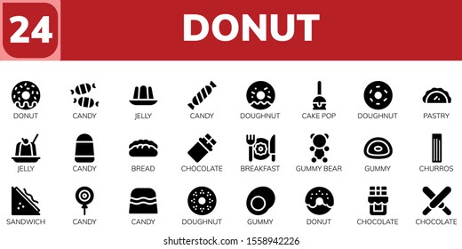 Modern Simple Set of donut Vector filled Icons. Contains such as Donut, Candy, Jelly, Doughnut, Cake pop, Pastry, Bread, Chocolate and more Fully Editable and Pixel Perfect icons.