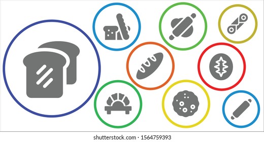 Modern Simple Set of dough Vector filled Icons. Contains such as Bread, Rolling pin, Dumpling, Sourdough, Cannoli and more Fully Editable and Pixel Perfect icons.