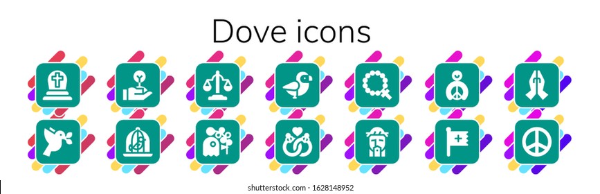 Modern Simple Set of dove Vector filled Icons. Contains such as Cemetery, Dove, Freedom, Equality, Pigeon, Bird, Marriage, Rosary and more Fully Editable and Pixel Perfect icons.