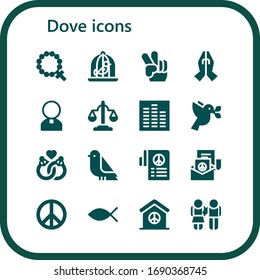 Modern Simple Set of dove Vector filled Icons. Contains such as Rosary, Dove, Peace, Prayer, Priest, Equality, Equalizer, Marriage and more Fully Editable and Pixel Perfect icons.