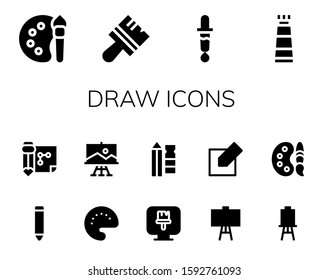 Modern Simple Set of draw Vector filled Icons. Contains such as Color palette, Brush, Color picker, Paint tube, Pencil, Drawing and more Fully Editable and Pixel Perfect icons.