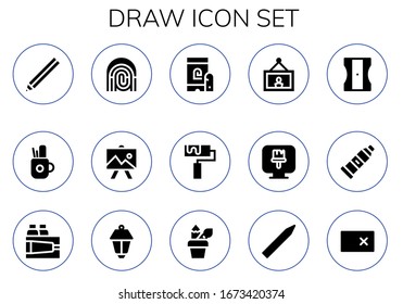 Modern Simple Set of draw Vector filled Icons. Contains such as Pencil, Pencil case, Fingerprint, Drawing, Roller, Painting, Paint brush and more Fully Editable and Pixel Perfect icons.