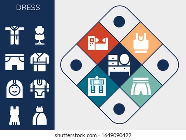 Modern Simple Set of dress Vector filled Icons. Contains such as Dressing table, Dress, Arab woman, Tunic, Shorts, Robe, Bathrobe and more Fully Editable and Pixel Perfect icons.