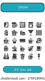 Modern Simple Set of drink Vector filled Icons. Contains such as Can, Beer, Vending machine, Baby food, Picnic, Milk, Kettle, Fast food and more Fully Editable and Pixel Perfect icons.