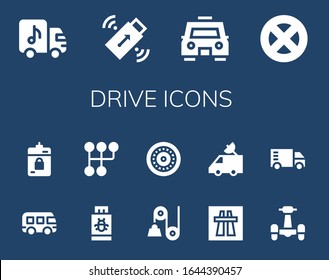 Modern Simple Set of drive Vector filled Icons. Contains such as Truck, Pendrive, Taxi, Wheel, Bus, Harddrive, Gearshift, Pulley and more Fully Editable and Pixel Perfect icons.