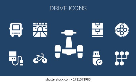 Modern Simple Set of drive Vector filled Icons. Contains such as Scooter, Bicycle, Road, Hard drive, Bus, Gearshift, Wheel, Pendrive and more Fully Editable and Pixel Perfect icons.