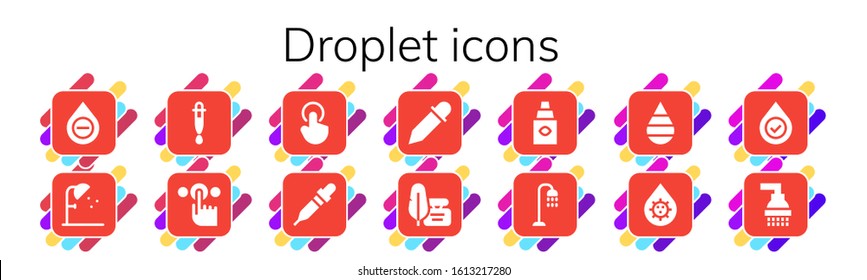 Modern Simple Set of droplet Vector filled Icons. Contains such as Blood, Shower, Dropper, Tap, Pipette, Eyedropper, Ink, Eye dropper and more Fully Editable and Pixel Perfect icons.
