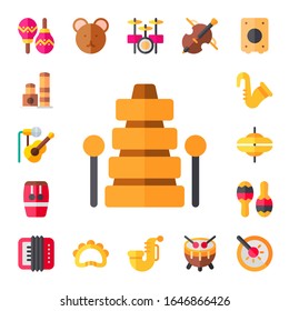 Modern Simple Set of drum Vector flat Icons. Contains such as maracas, toy, concert, xylophone, conga, saxophone, cymbals, accordion and more Fully Editable and Pixel Perfect icons.