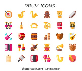 Modern Simple Set of drum Vector flat Icons. Contains such as saxophone, teddy bear, harmonica, drum set, instrument, tambourine and more Fully Editable and Pixel Perfect icons.