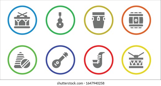 Modern Simple Set of drum Vector filled Icons. Contains such as Drum, Toys, Instrument, Mandolin, Conga, Saxophone, Barrel and more Fully Editable and Pixel Perfect icons.