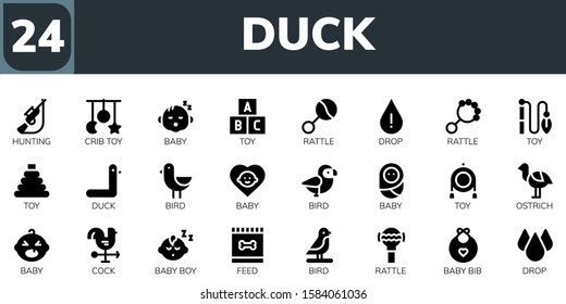 Modern Simple Set of duck Vector filled Icons. Contains such as Hunting, Crib toy, Baby, Toy, Rattle, Drop, Duck, Bird, Ostrich and more Fully Editable and Pixel Perfect icons.