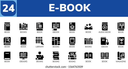 Modern Simple Set of e-book Vector filled Icons. Contains such as Book, Books, Ebook, Audio book, Library, Ebooks, Magazine and more Fully Editable and Pixel Perfect icons.
