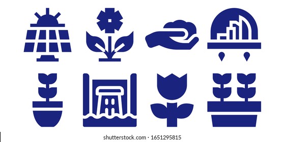 Modern Simple Set of ecology Vector filled Icons. Contains such as Plant, Solar panel, Hydro power, Flower, Gardening, Plants and more Fully Editable and Pixel Perfect icons.