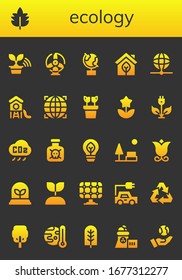 Moderne, einfache Vektorillustration der Ökologie füllte Symbole. Enthält z. B. Baum, Leaf, Windmühle, Globe, Eco, Earth, Park, Plant, Blume und mehr vollständig bearbeitbare und Pixel perfekte Symbole.