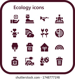 Modern Simple Set of ecology Vector filled Icons. Contains such as Globe, Water tank, Branch, Windmill, Plant, Rainbow, Flower and more Fully Editable and Pixel Perfect icons.