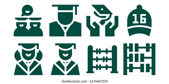 Modern Simple Set of educational Vector filled Icons. Contains such as Graduation, Graduates, Graduate, Abacus, Cap and more Fully Editable and Pixel Perfect icons.