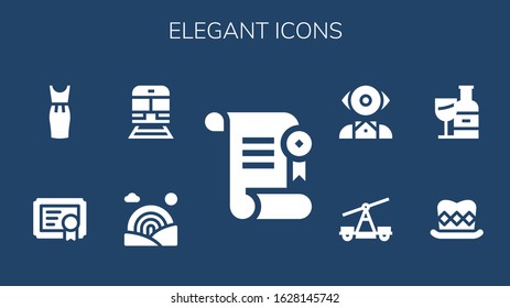 Modern Simple Set of elegant Vector filled Icons. Contains such as Certificate, Rainbow, Train, Dress, Top hat, Wine bottle, Mentalist and more Fully Editable and Pixel Perfect icons.