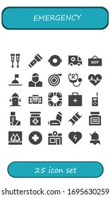 Modern Simple Set of emergency Vector filled Icons. Contains such as Crutches, Flashlight, Float, Ambulance, Exit, Buoy, Pharmacist and more Fully Editable and Pixel Perfect icons.