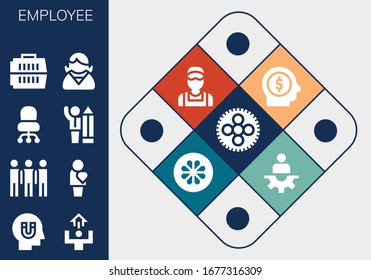 Moderno Conjunto simple de iconos llenos de vectores empleados. Contiene como Rueda, Influencia, Motivación, Grupo, Humano, silla de escritorio, Empresario y más Completamente Editable y Pixel Perfect iconos.