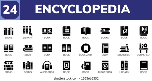 Modern Simple Set of encyclopedia Vector filled Icons. Contains such as Books, Library, Book, Bookmark, Bookshelf, Audiobook, Audio book and more Fully Editable and Pixel Perfect icons.