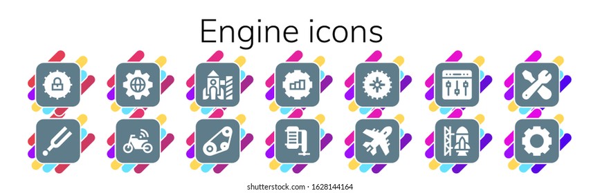 Modern Simple Set of engine Vector filled Icons. Contains such as Settings, Tuning, Motorbike, Rocket, Timing belt, Gear, Compressor and more Fully Editable and Pixel Perfect icons.